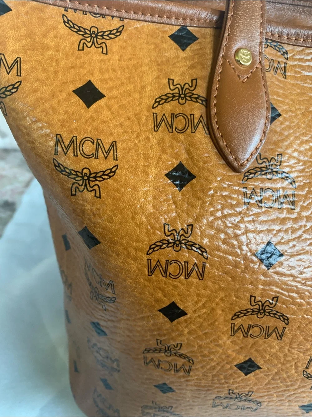 MCM Cognac Visetos Tote with Navy and Orange Center Stripe with Bone. EUC - Picture 9 of 16